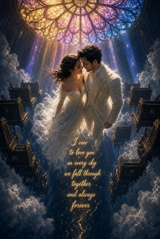 Romantic fantasy wedding couple floating forehead-to-forehead under a glowing stained glass rose ...