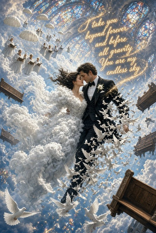 Surreal fantasy wedding couple floating in heavenly clouds, surrounded by doves, sky cathedral, g...