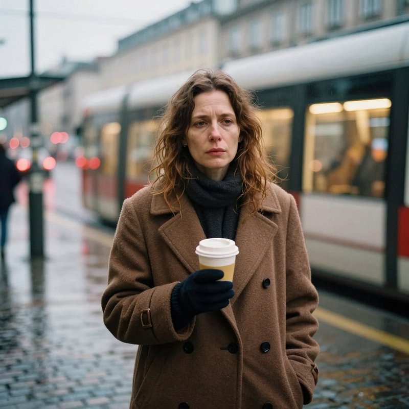 Somber woman in a brown winter coat holds takeaway coffee at a rainy European city tram stop
