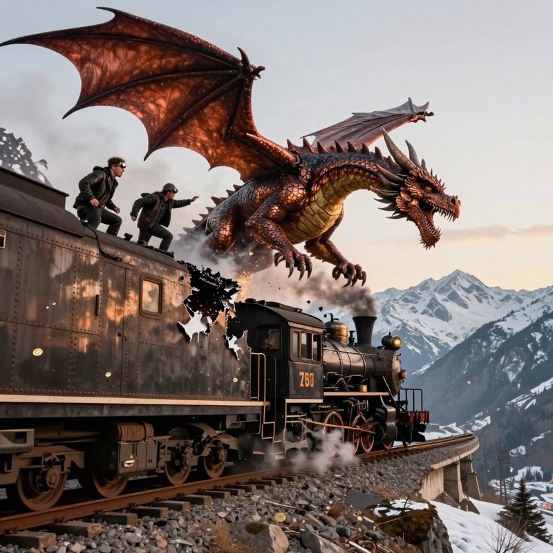 Massive copper dragon attacks a vintage steam train, as two men stand on the train roof above sno...