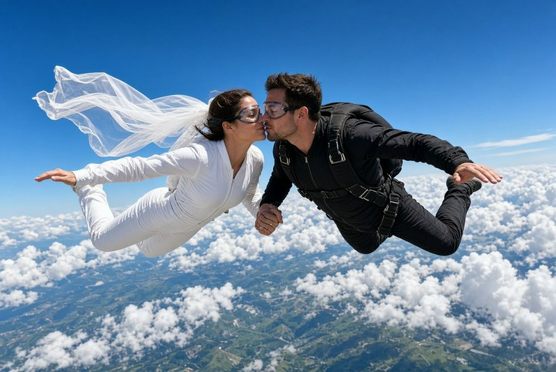 Newlywed couple kisses mid-skydive, the bride's flowing sheer veil billows as they freefall above...