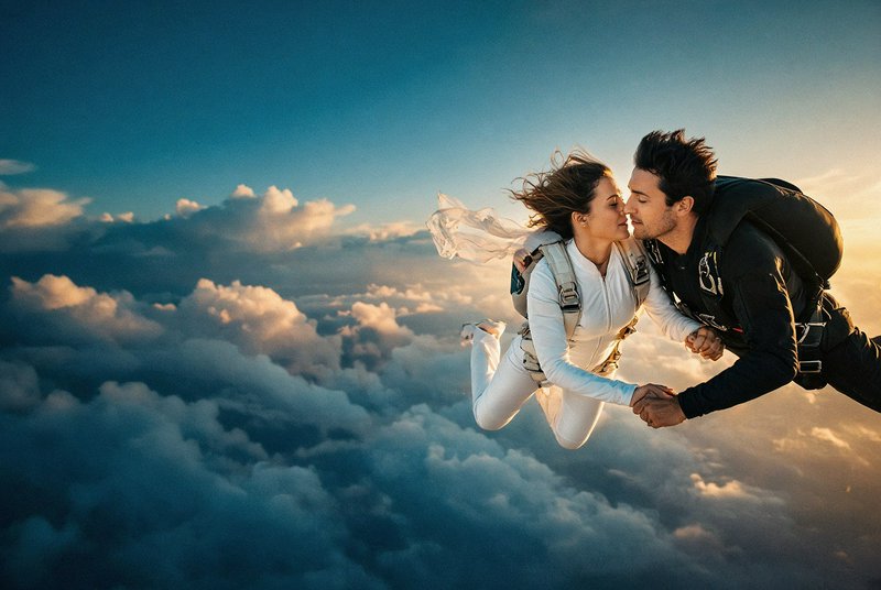 Newlywed couple shares a tender kiss while freefalling above fluffy sunlit clouds during a golden...