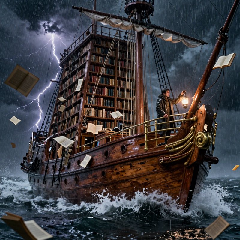 Surreal floating library galleon sails through stormy lightning-struck ocean, captain holds lante...