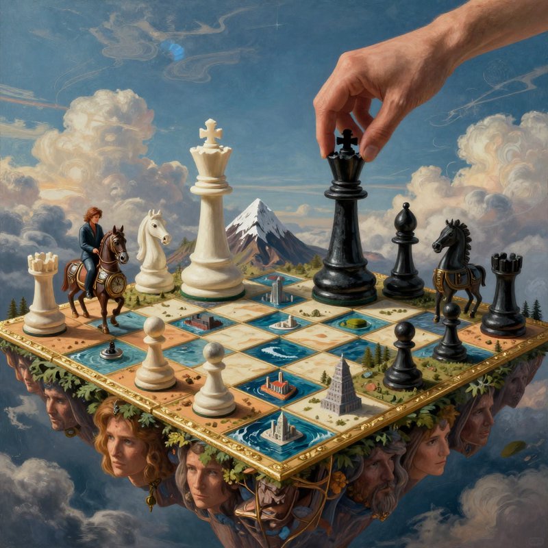 Surreal fantasy artwork of a giant hand moving a black king on a floating landscape chessboard ab...