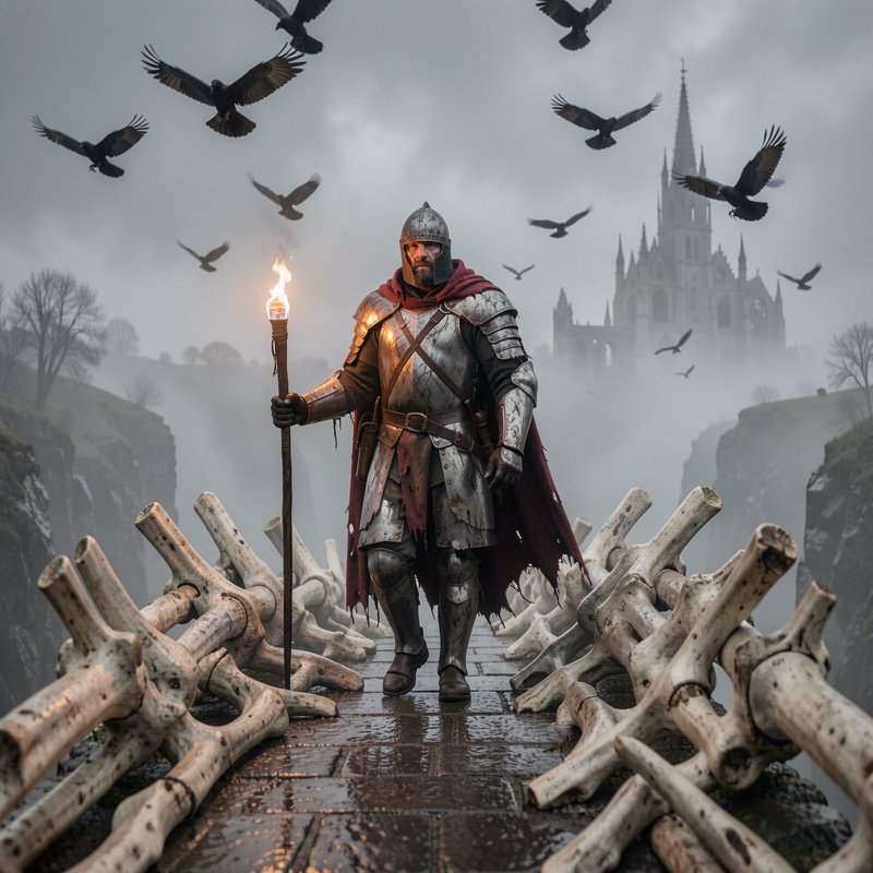 "Armored medieval knight holding a torch walks a bone-lined foggy stone bridge, ravens circling, ...