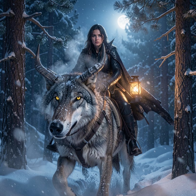 A female fantasy warrior rides a horned giant wolf through a moonlit snowy pine forest on a winte...