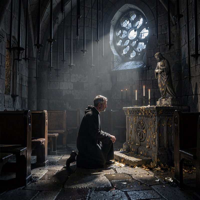 Older cleric kneels in prayer before a stone chapel altar, sunbeams filtering through a gothic ro...