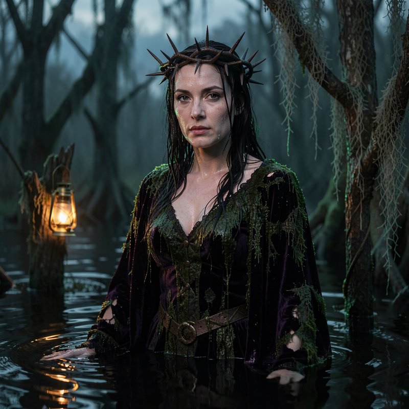 Woman with spiked thorn crown stands waist-deep in misty swamp, moss on her dark gown, glowing la...