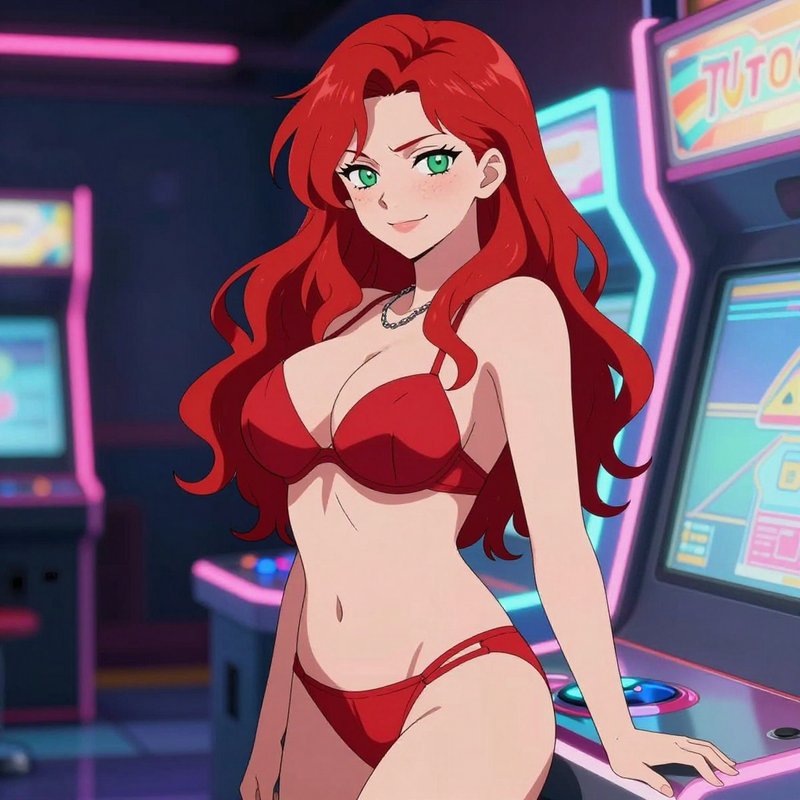 Anime woman with long wavy red hair, green eyes, and red bikini standing next to glowing retro ar...