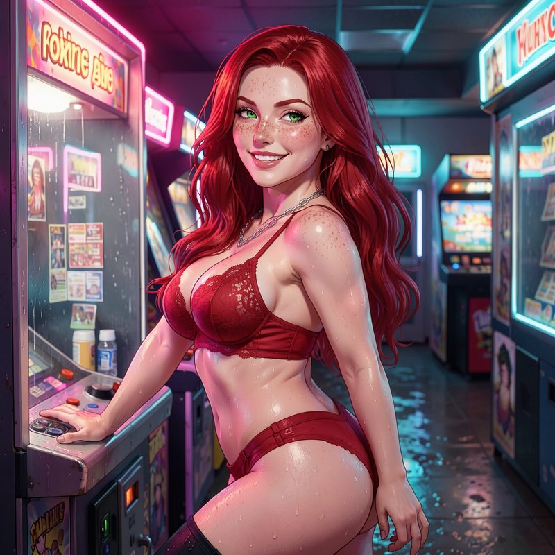 Smiling freckled redhead woman in red lace lingerie leans on a vintage arcade cabinet in a neon l...
