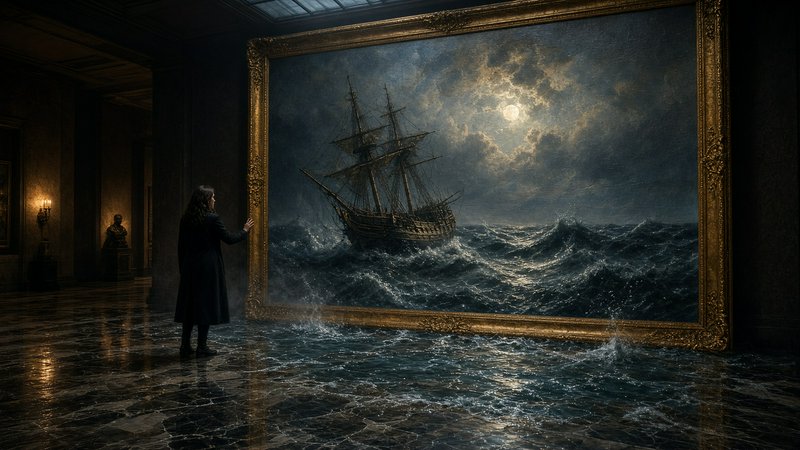 Woman reaches to touch a giant ornate framed seascape as ocean waves spill from the painting onto...