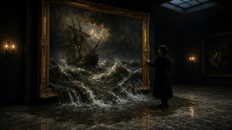 Surreal scene: turbulent ocean spills from a gilded storm ship painting, as a woman touches the f...