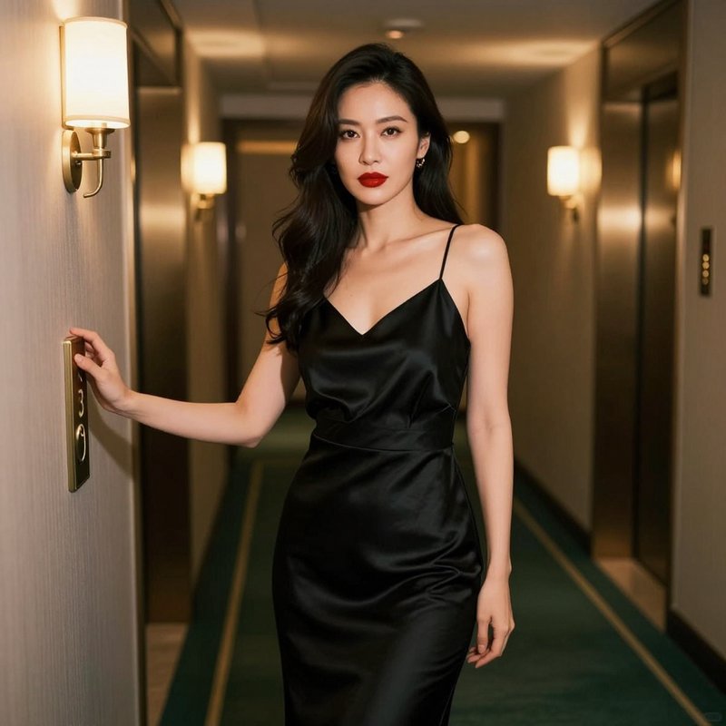 Elegant woman in black satin slip dress reaches to press a hotel room panel in a warm lit luxury ...