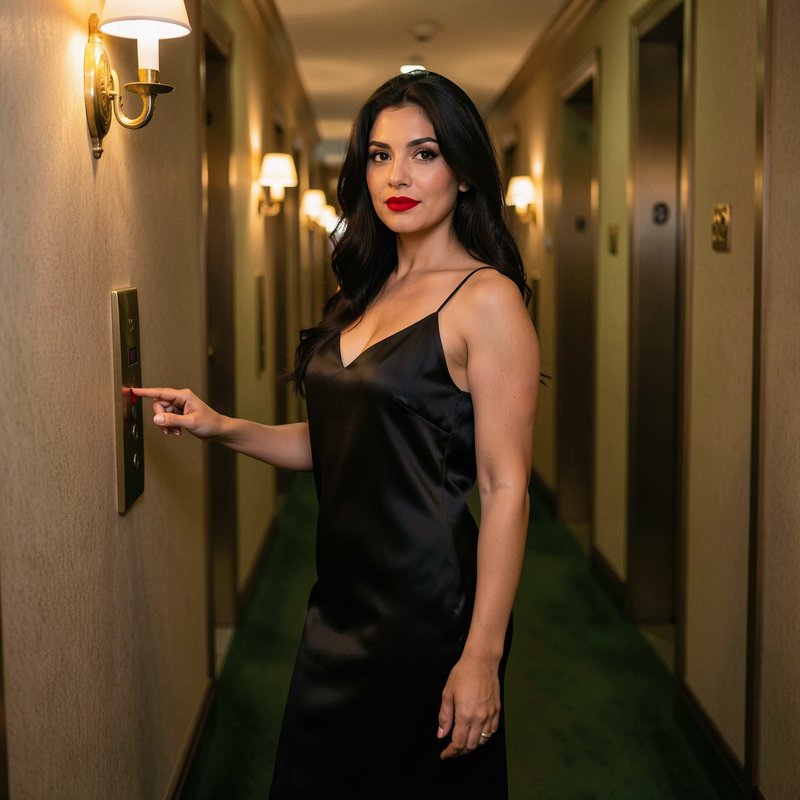 Elegant woman in black satin slip dress pressing elevator button in warm luxury hotel hallway
