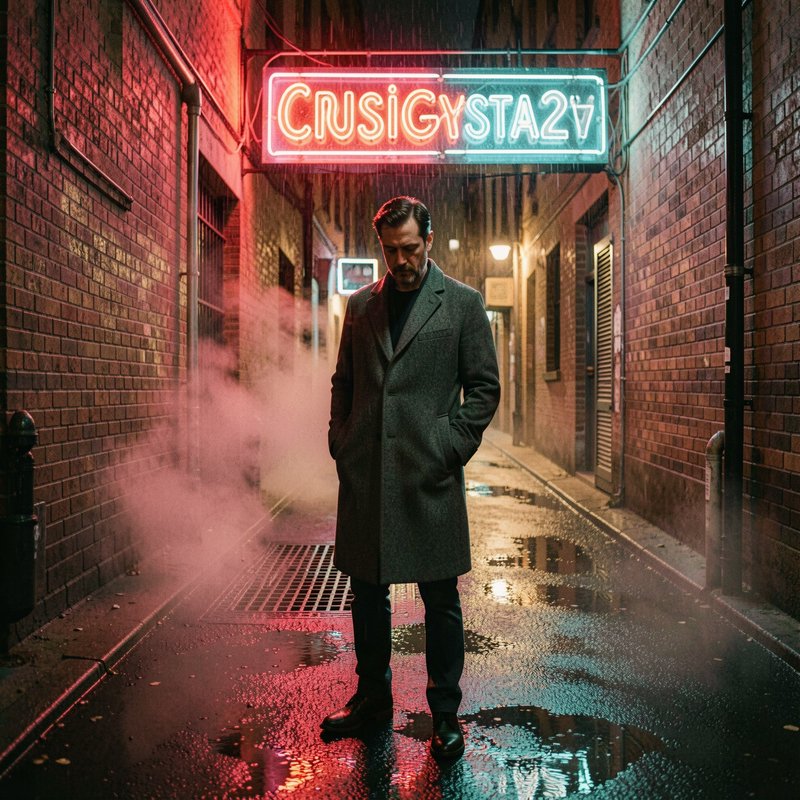 Brooding man in a gray overcoat stands in a rain-soaked neon-lit brick alley at night under glowi...
