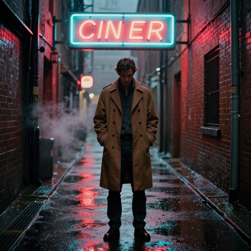 Man in tan trench coat stands bowed under glowing neon sign on a rain-soaked narrow city alley at...