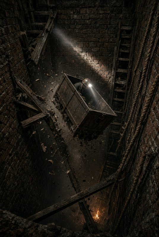 High angle view of a miner with a lit headlamp trapped in a falling wooden ore cart inside a dark...