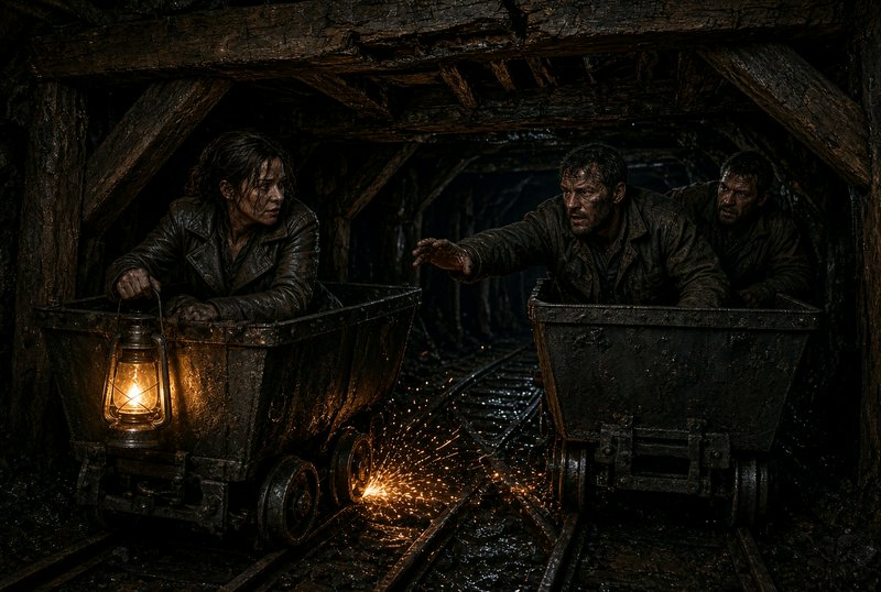 Gritty miners ride rail ore carts in a dark timbered coal mine, sparks fly as a man gestures towa...