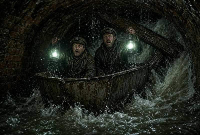 Two alarmed men hold lit lanterns while navigating a rusty boat through rushing floodwater inside...