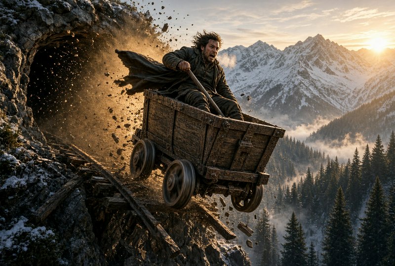 Panicked miner launches out of a collapsing mountain mine in a rickety wooden ore cart above snow...