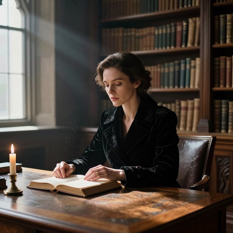 Elegant scholarly woman reads an open book at a vintage wood desk in a sunlit old library, beside...