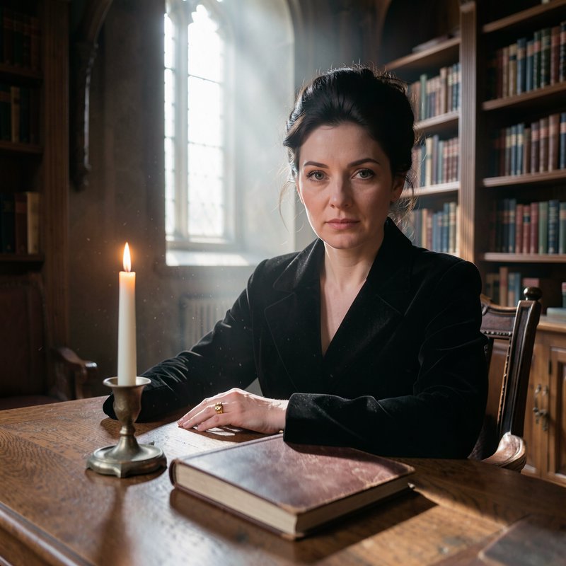 Poised serious woman seated at an antique oak library desk with a lit candle and old leather book...