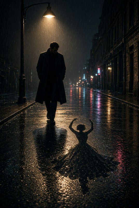 Solitary man in trench coat walks rainy night city street, ballerina reflection dances on glistening wet pavement under