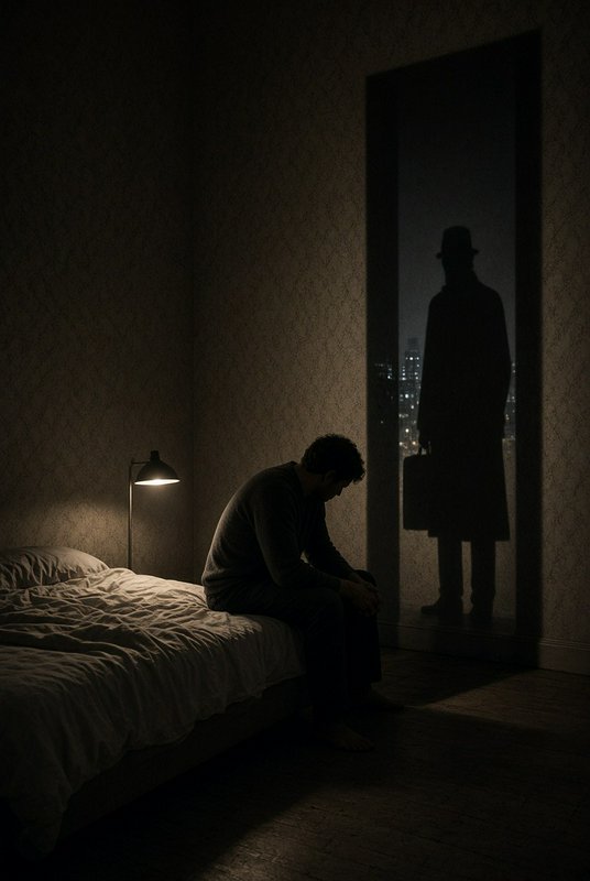 Hunched distressed man sits on a bedroom bed, as a silhouetted mysterious stranger with a fedora and briefcase looms in