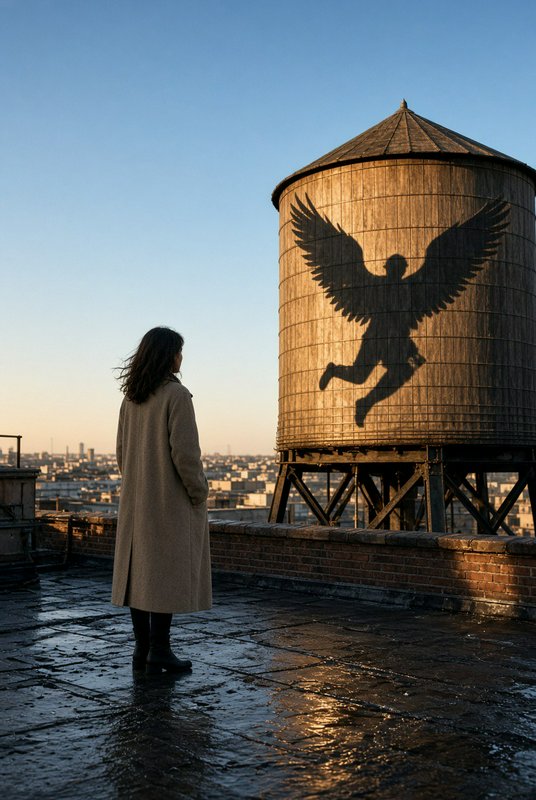 Woman on a city rooftop looking at a winged angel shadow cast on a wooden water tower at golden sunset