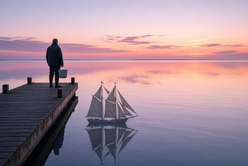Man holding a bucket stands on a wooden pier, gazing at a tall sailing ship floating on calm mirr...