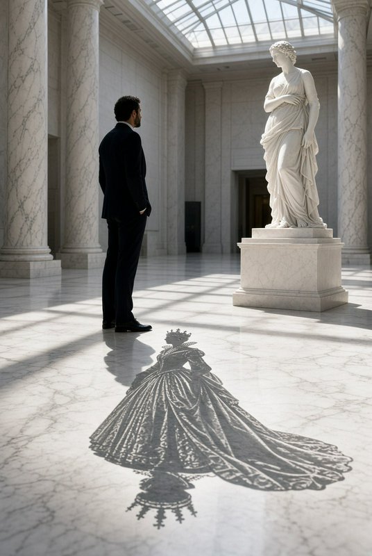 Man in dark suit views classical marble statue, surreal shadow of crowned queen in ornate gown ca...