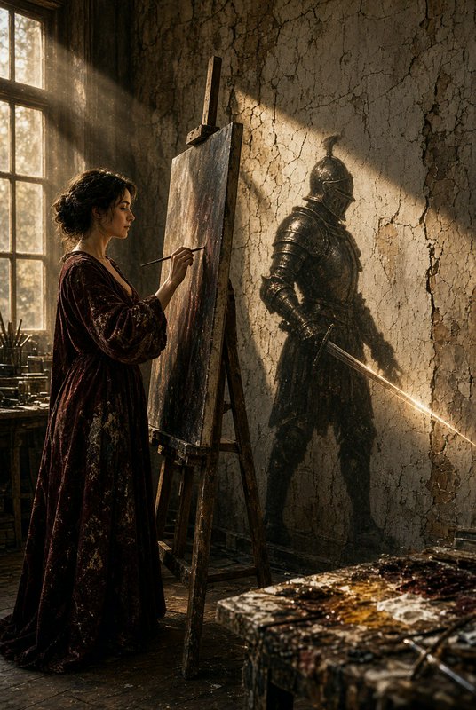 Woman painter works at easel, golden window light casts a detailed shadow of an armored knight on...