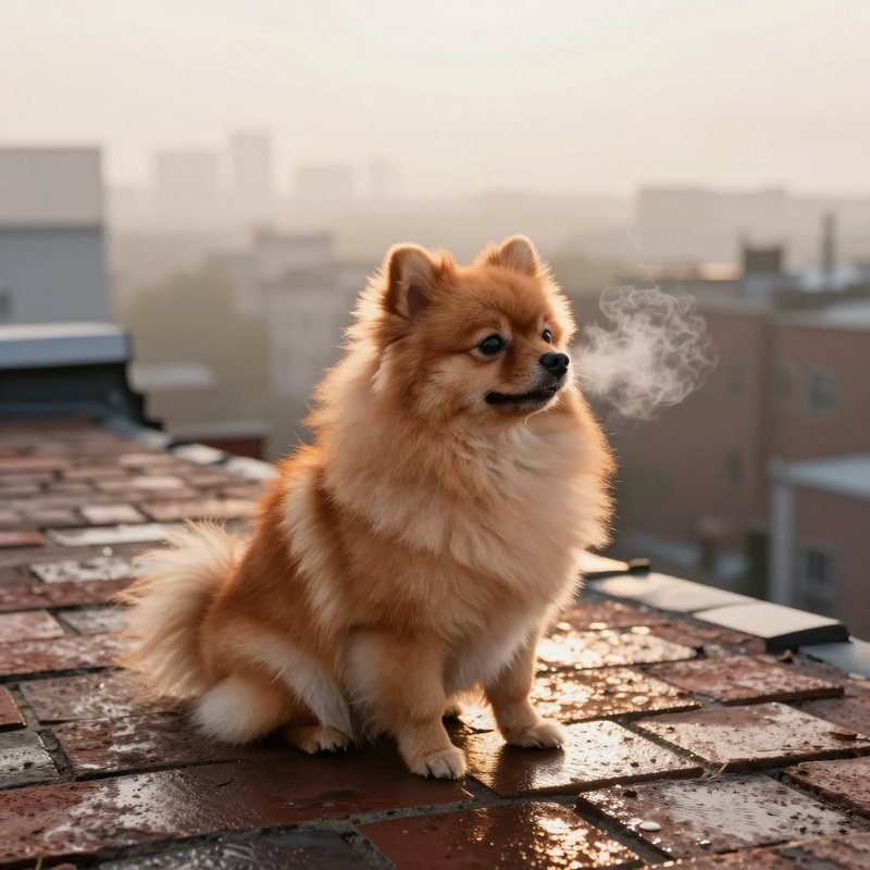 Fluffy orange Pomeranian sits on a cold wet brick rooftop, wispy breath visible in cool morning air