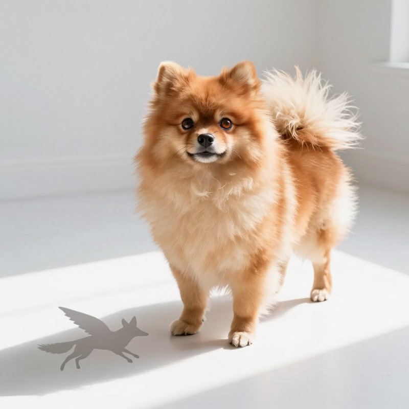 Fluffy orange Pomeranian stands on a sunlit white floor casting a whimsical winged creature shadow