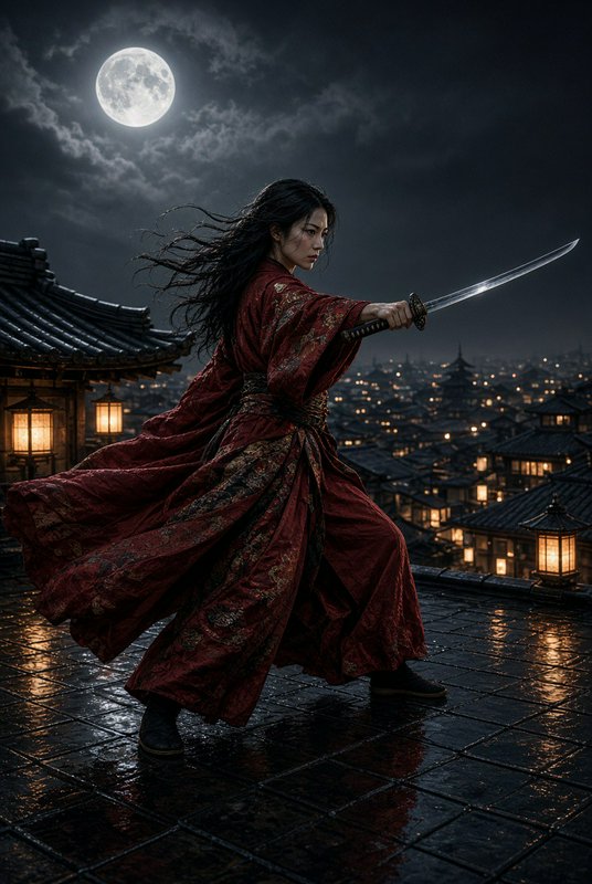 Female samurai in a red embroidered kimono holds a drawn katana on a wet Japanese rooftop under a...