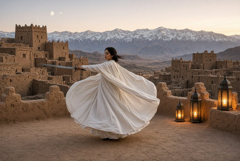 Woman in a flowing white robe holding a sword spins on a kasbah rooftop with snow-capped mountain...