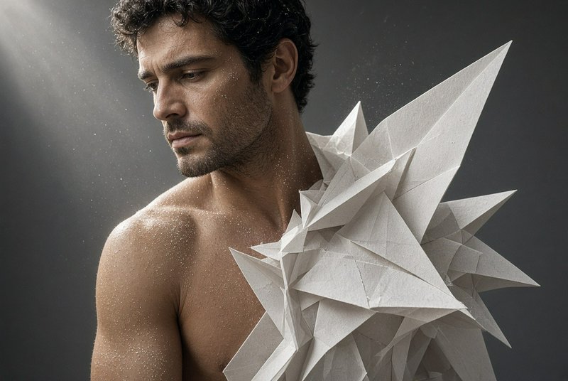 Shirtless man wears intricate spiky white origami shoulder sculpture under dramatic side studio lighting