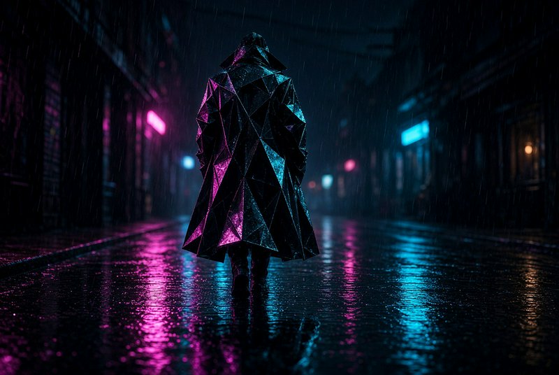Lone hooded figure in a geometric coat walks down a rain-soaked neon cyberpunk alley at night
