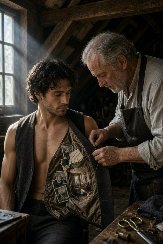 Elderly tailor sewing a photo-lined wool vest onto a seated young man in a sunlit rustic attic workshop