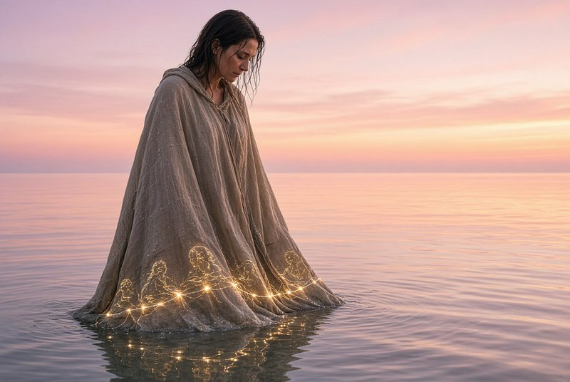 Woman in a hooded linen cloak with glowing fairy lights standing in calm sea at pastel sunset