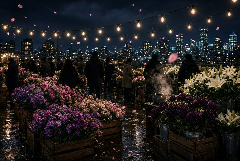 Rooftop night flower market with warm string lights, falling cherry petals and glowing city skyline