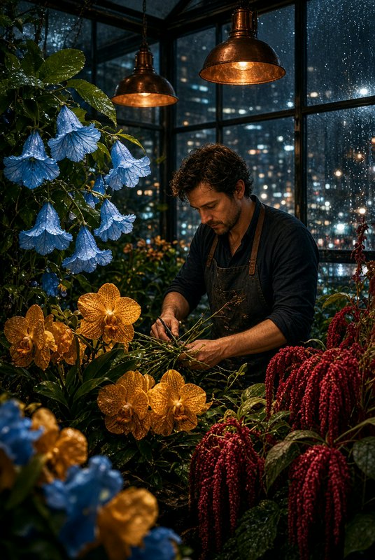Male florist tending vibrant exotic plants inside a rainy night-time city greenhouse
