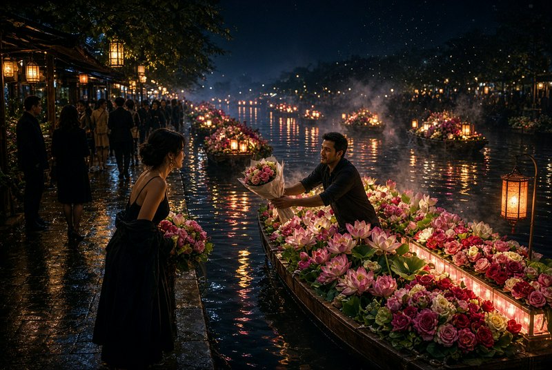 Man offers a flower bouquet to a woman from a lantern-lit floating market boat on a misty night c...
