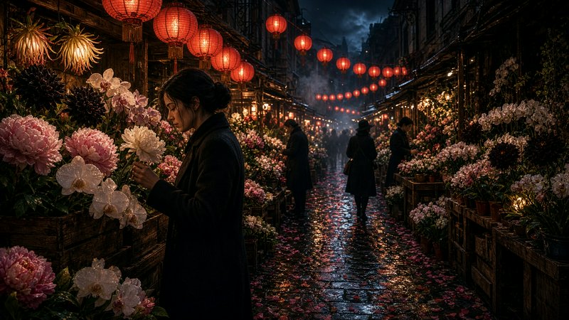 Woman examines fresh peonies at a rainy night flower market strung with glowing red lanterns