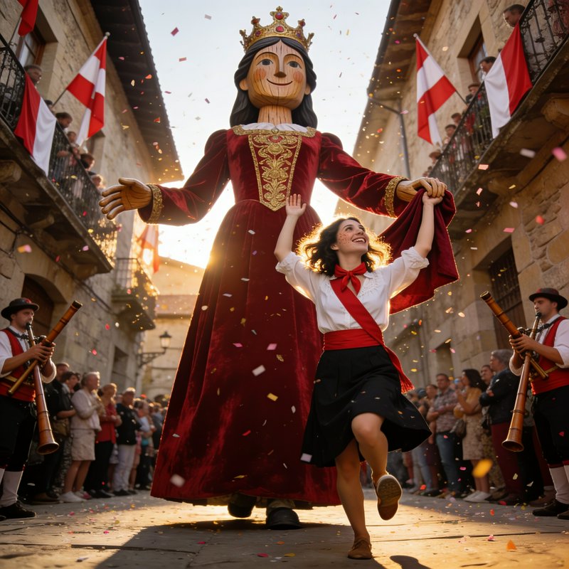 Folk dancer performs alongside a giant crowned wooden puppet during a sunny town street festival
