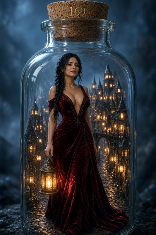 Woman in red velvet gown holding a lantern stands inside a corked glass bottle with a tiny glowing gothic city