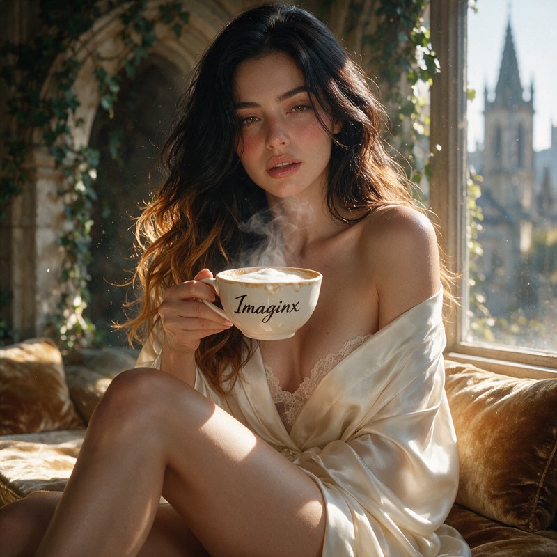 Woman in cream satin robe holds a steaming coffee cup while seated by a sunlit historic window