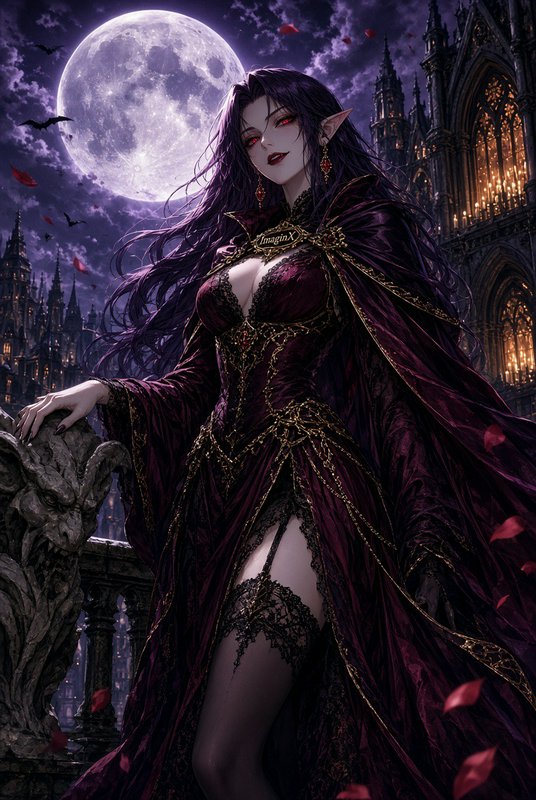 Regal female vampire elf stands on a gothic castle balcony under a luminous full moon