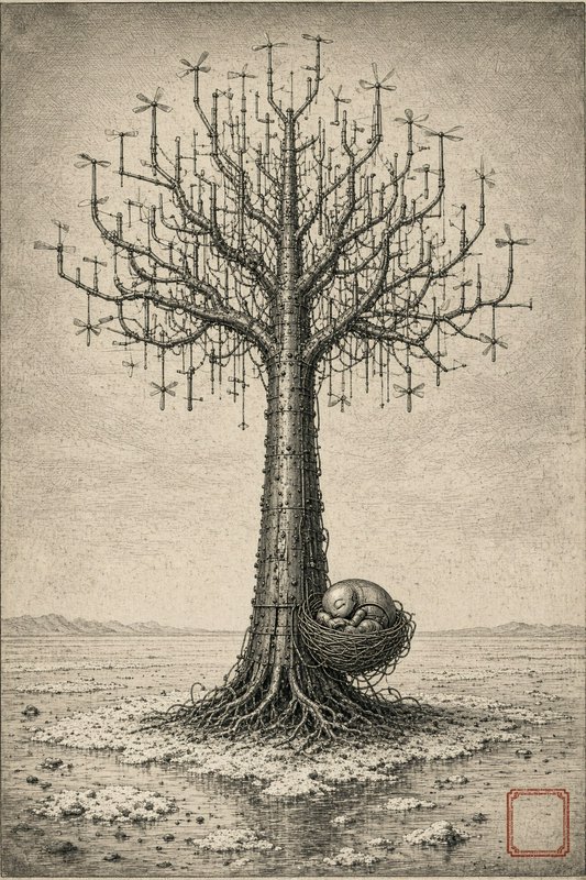 Surreal mechanical tree with drone foliage holds a sleeping robotic baby in a nest at its base on a barren wet plain