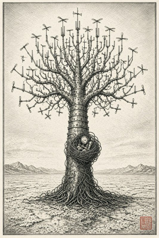 Surreal steampunk mechanical tree with propeller foliage holds a sleeping robot infant in a nest on barren plains